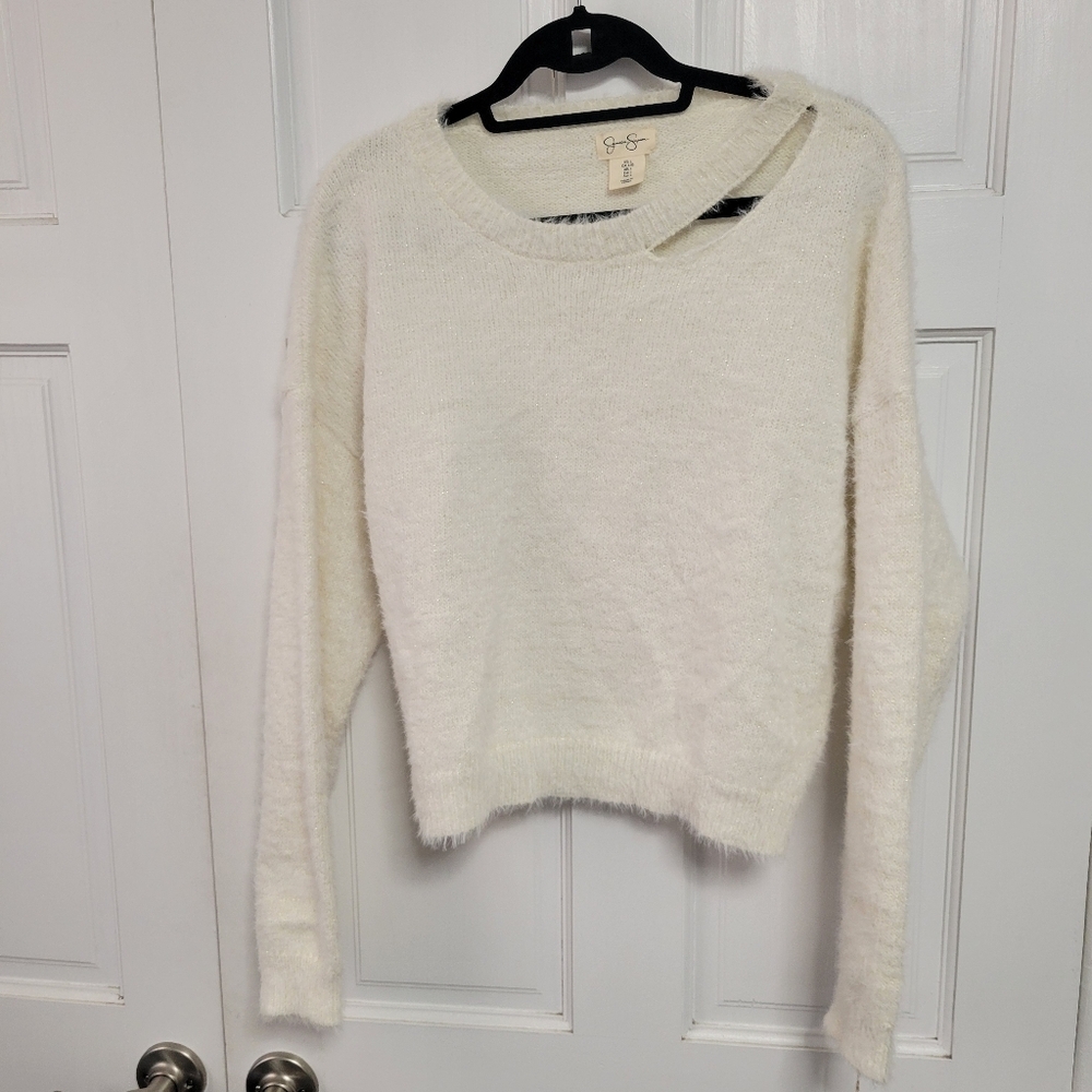 Jessica Simpson Fuzzy Cropped Shoulder Cut Out Sweater- Size Large NWT